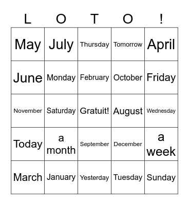 Calendar Vocabulary Bingo Card