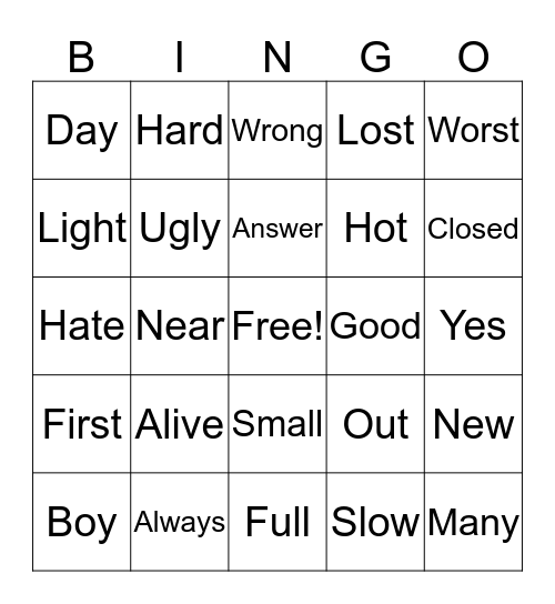 Antonyms  Bingo Card