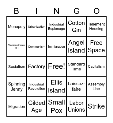 Industrial Revolution Bingo Card