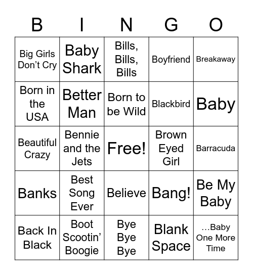 Songs that start with B Bingo Card