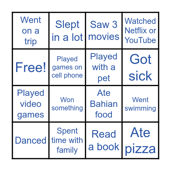 Summer Vacation Bingo Card