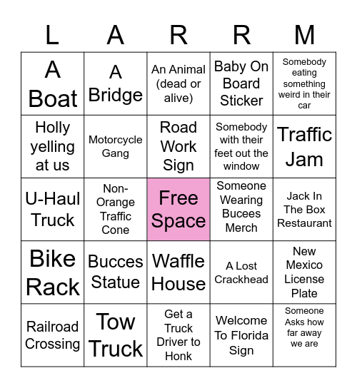 Road Trip Bingo Card