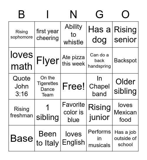 Cheer Get to Know You! Bingo Card