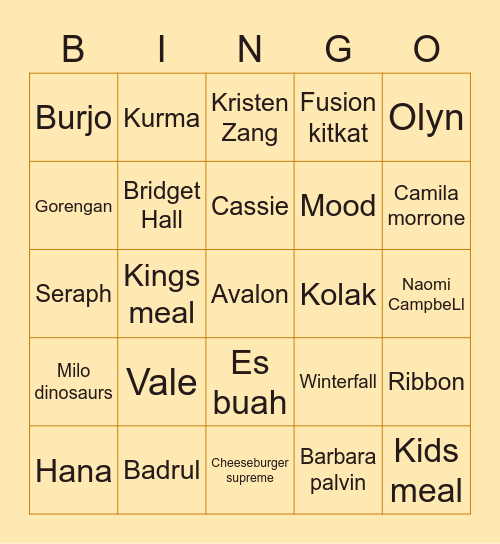 Vale’s Bingo Card