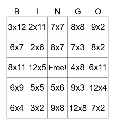Multiplication Bingo Card