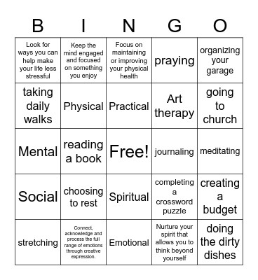 The Six Self-Care Practices Bingo Card