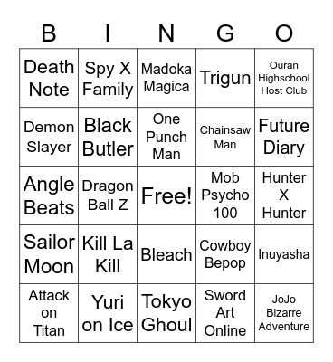 Anime Bingo Card