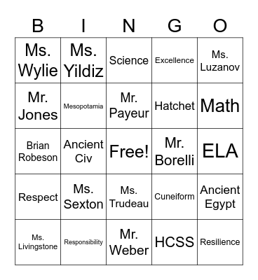 6th Grade Bingo Card