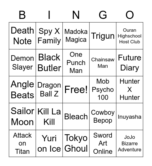 Anime Bingo Card