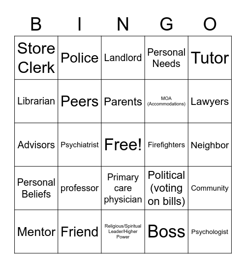 Advocacy Bingo Card