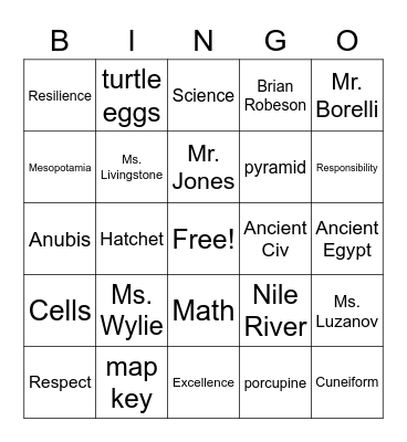 6th Grade Bingo Card