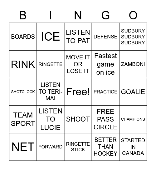 RINGETTE Bingo Card