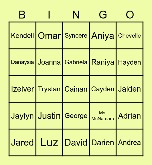 Period 7 Classmates Bingo Card