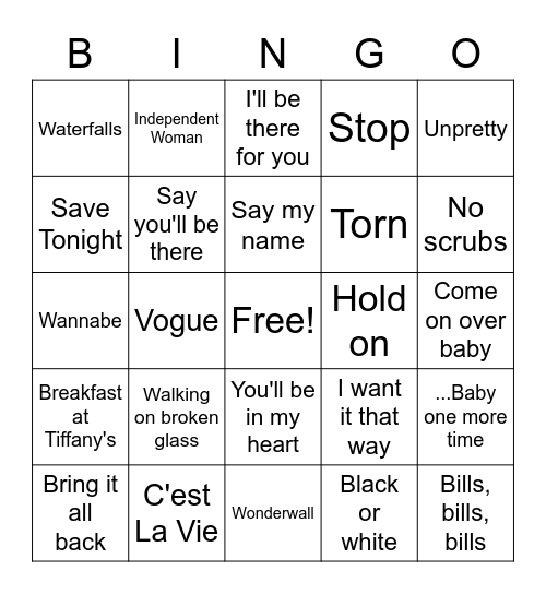 90's Music Bingo Card