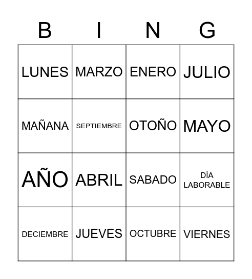 DÍAS DE LA SEMANA/MESES Y ESTACIONES Bingo Card