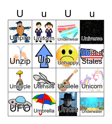 Letter U Bingo Card