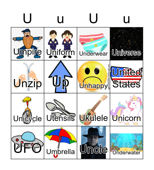 Letter U Bingo Card