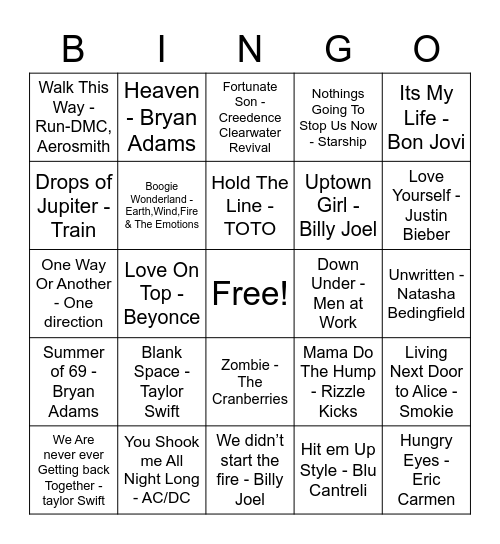 Fun Hits Bingo Card