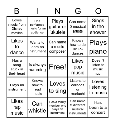 Getting to Know You Music BINGO Card