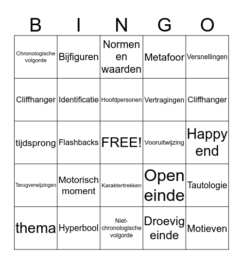 Nederlands Fictie en Beeldspraak Bingo Card