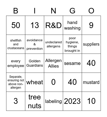 Allergen Allies Bingo Card