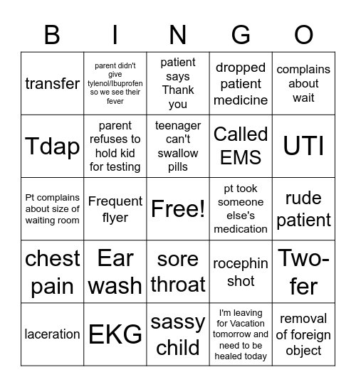 Urgent Care Bingo Card