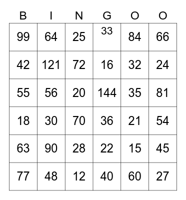Greco Multiplication Bingo Card