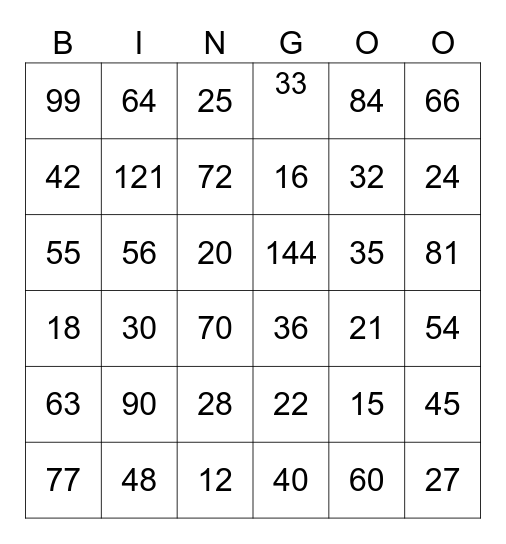 Greco Multiplication Bingo Card