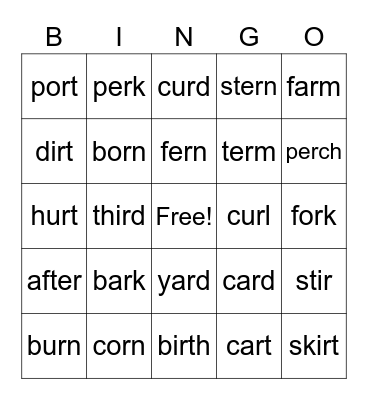 R Controlled Vowels Bingo Card