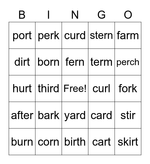 R Controlled Vowels Bingo Card