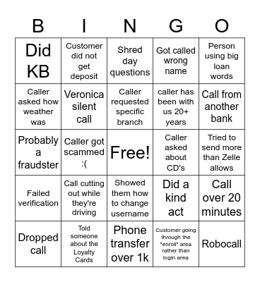 Call Center Bingo Card
