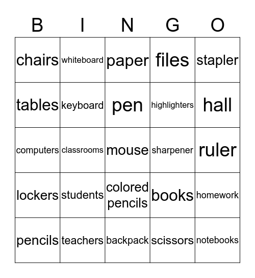 our school bingo Card