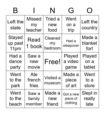 Spring Break Bingo! Bingo Card