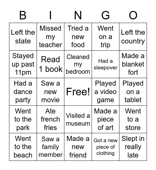 Spring Break Bingo! Bingo Card