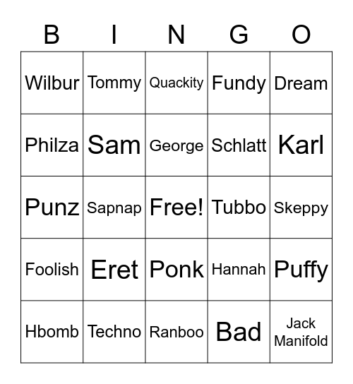 Bad DSMP Creators Bingo Card