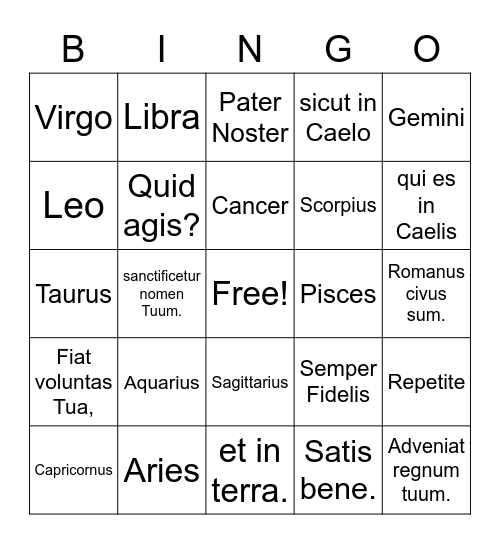 Prima Latina Review 16-20 Bingo Card