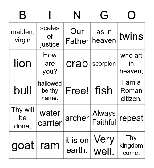 Prima Latina Review 16-20 English Bingo Card