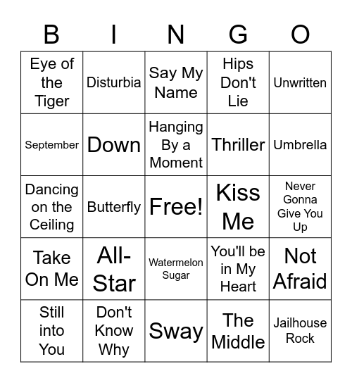 music bingo Card