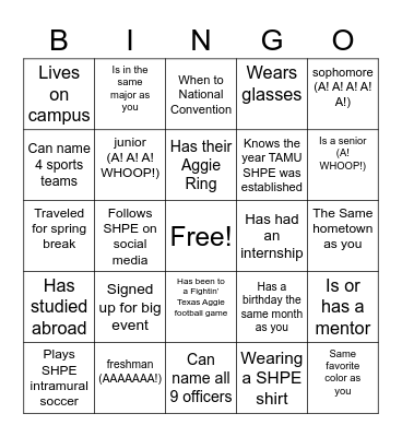 SHPE Bingo! Bingo Card