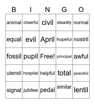 al, il, ul  Bingo Card