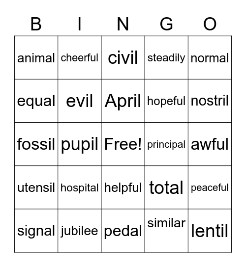 al, il, ul  Bingo Card