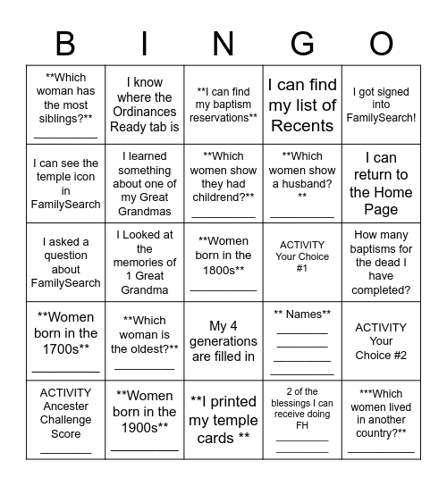 FamilySearch Bingo Card