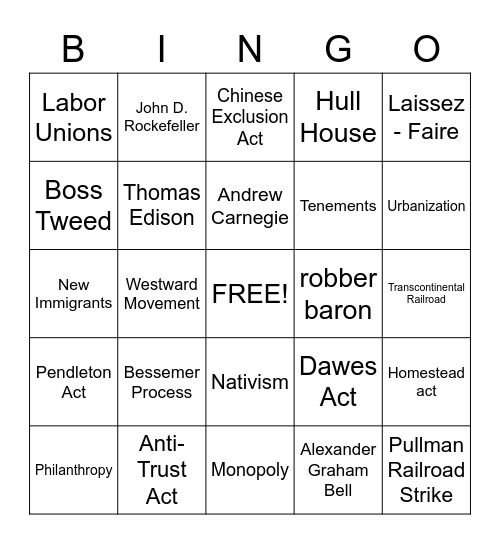 Gilded Age Bingo Card