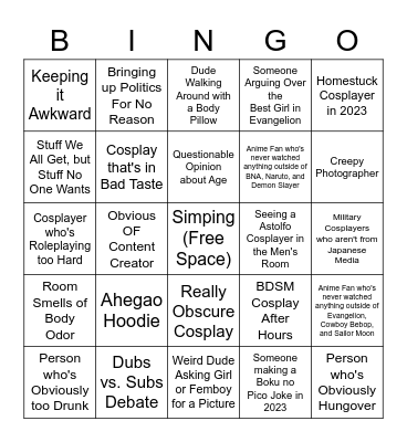 Bad Anime Con Bingo Card