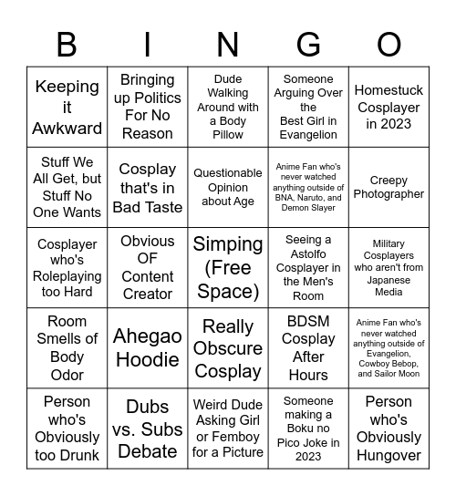 Bad Anime Con Bingo Card