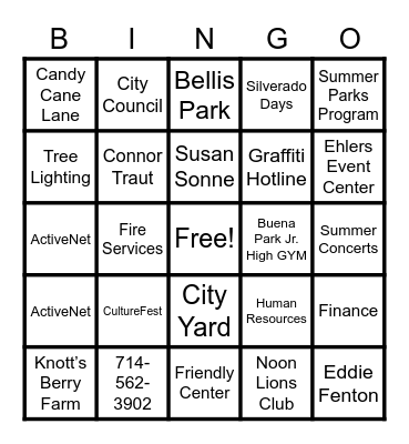 BUENA PARK BINGO Card