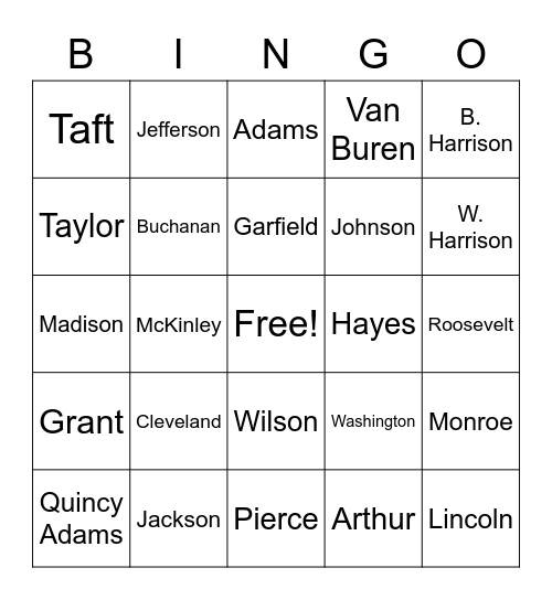 Presidential Bingo! Bingo Card