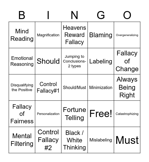 Cognitive Distortions Bingo Card