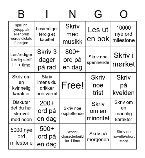 Skrive Bingo Card