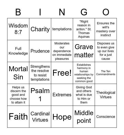 Making Virtuous Choices Bingo Card